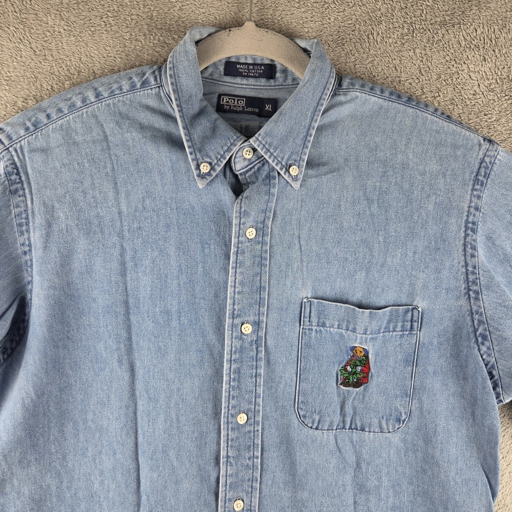 VTG 90s Polo Ralph Lauren Sit Down Bear Christmas Denim Button Shirt Mens XL USA